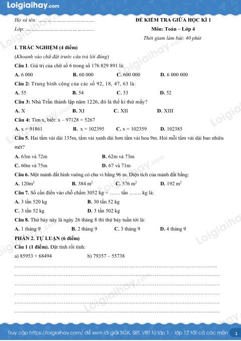 Đề kiểm tra giữa kì 1 Toán 4 - Đề số 4